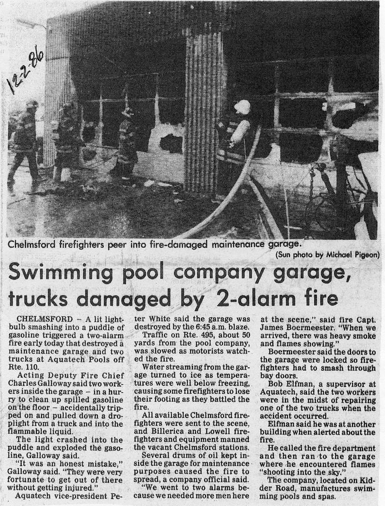 Accidental fire in December 1986 at the Aquatech Pool Company off Route 110