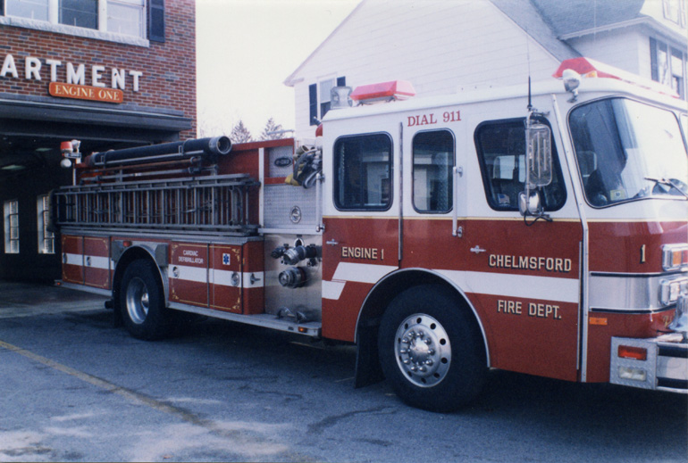 1989 E-One 1000 g.p.m. Pumper, Engine 1, had its engine behind the rear wheels 
and due to its quite ride was called the Hush Pumper