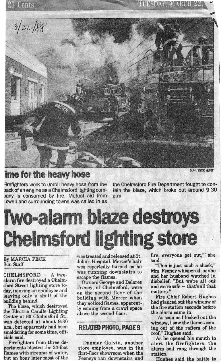 March 22, 1988 fire that destroyed the Chelmsford Electric Candle Lighting Company on Chelmsford Street