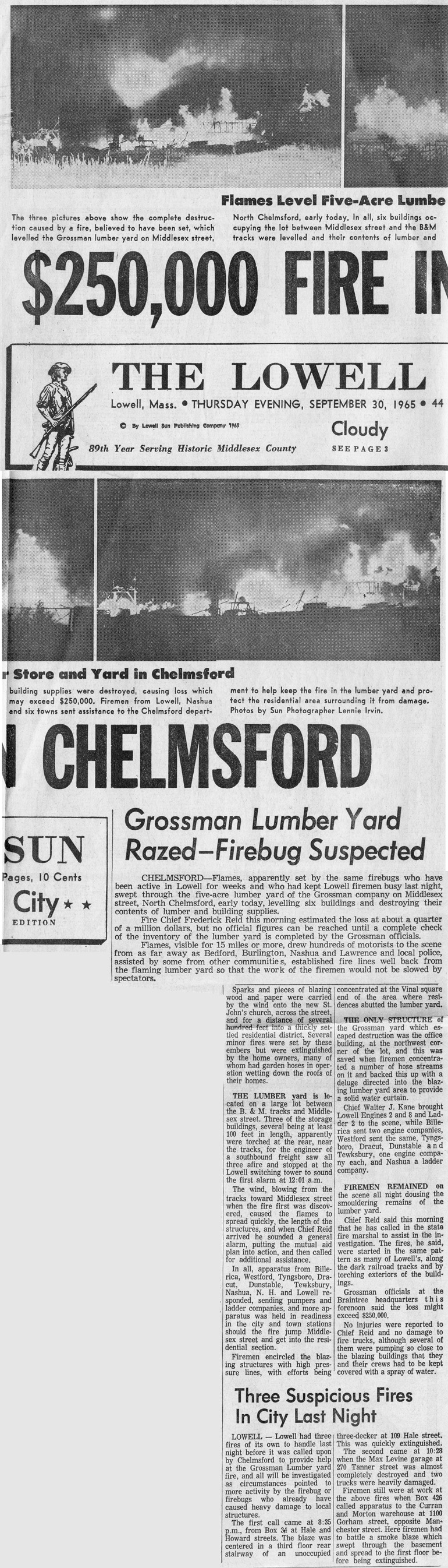 1965 Article in the September 30 Lowell Sun about the fire at 
		Grossman's Lumber on Middlesex Street