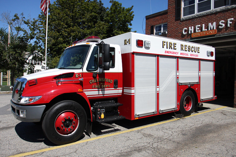 2009 International Emergency Medical Services truck, Rescue 1, 
at Chelmsford Center Fire Station