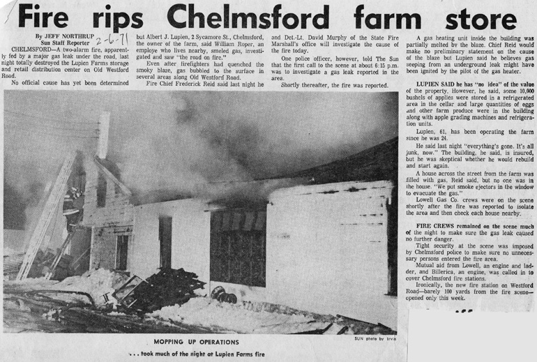 1971 Article in the February 6 Lowell Sun about the Lupien Farm Stand fire