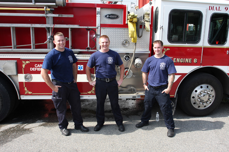 New Firefighters for 2013: Scott Gallant, Don Kohl, Nick Hamilton 
	in front of the 1989 E-One Hush Pumper