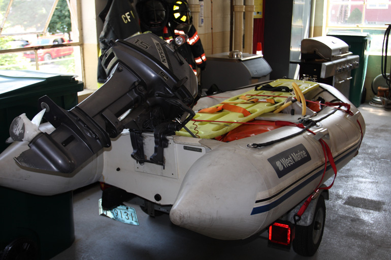 1993 West Marine rescue zodiak boat and trailer, with Nissan outboard motor, 
	based at Center Fire Station