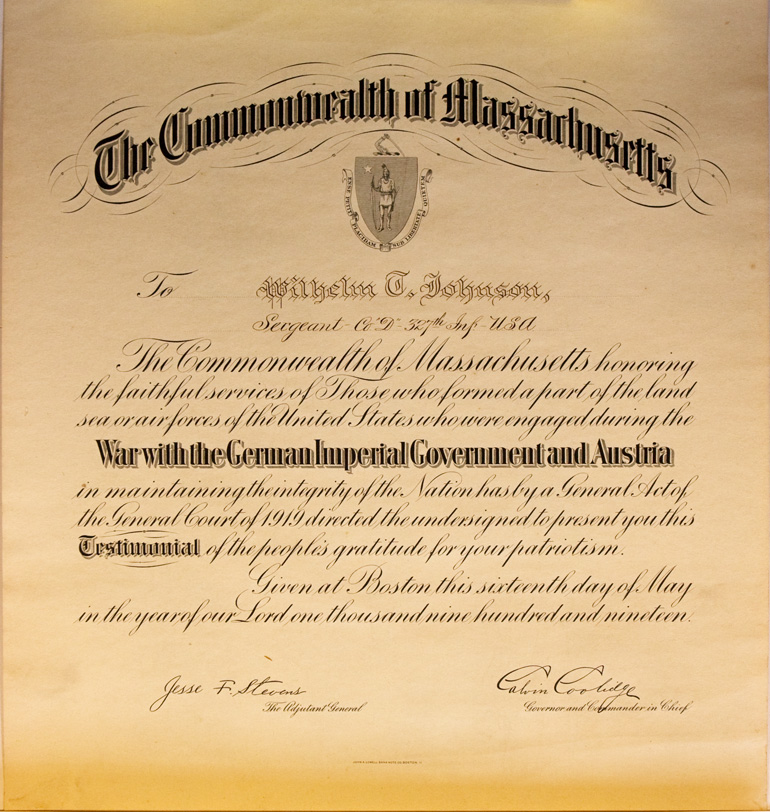 Testimonial for Sergeant Willhelm T. Johnson dated May 16, 1919 and signed by
Governor and Commander in Cheif Calvin Coolidge