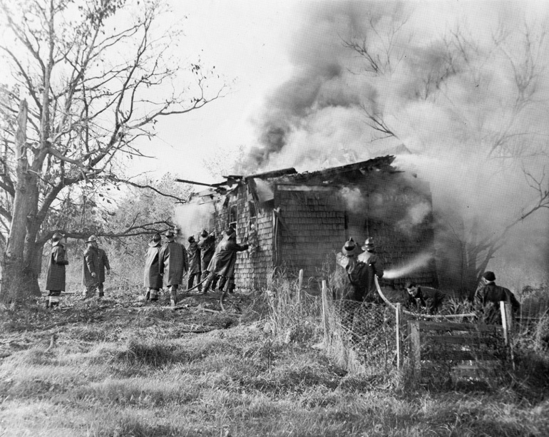 Testing of a fog stream system during a fire drill in 1955