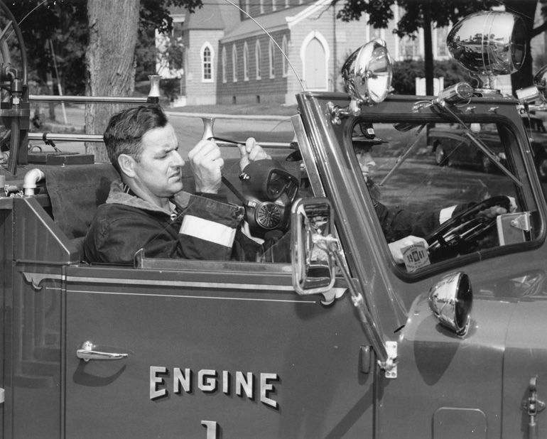 Don Gray with new breathing mask and Allen Mello in 1961