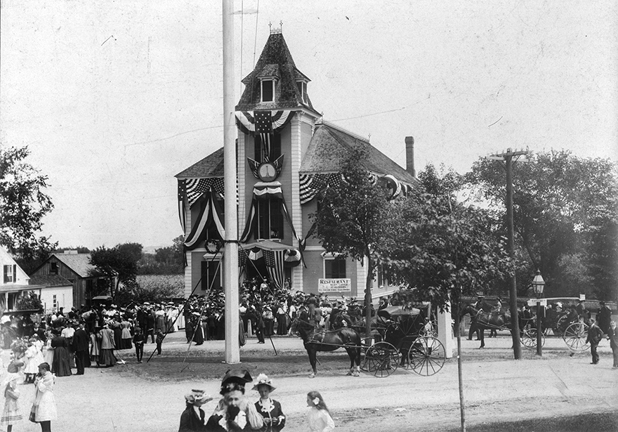 Town Hall stage decorated for high school graduation
